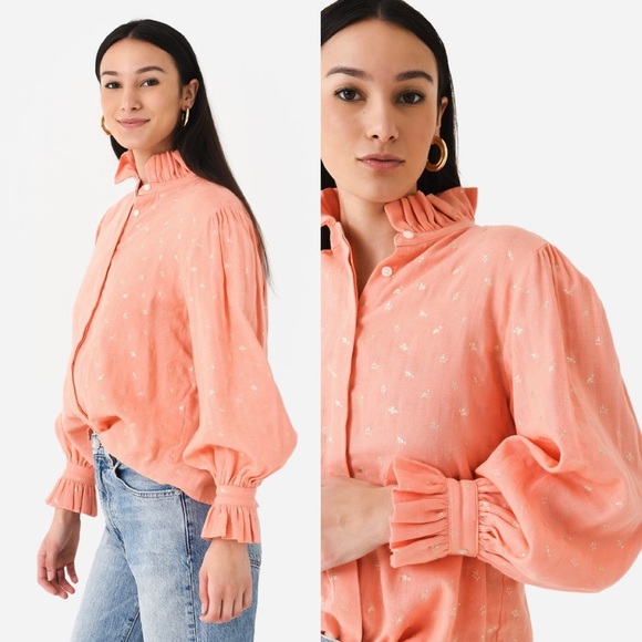 Delete Koch Phoebe Top Button Shirt Ruffle Collar Metallic Blouse Small - Picture 2 of 11